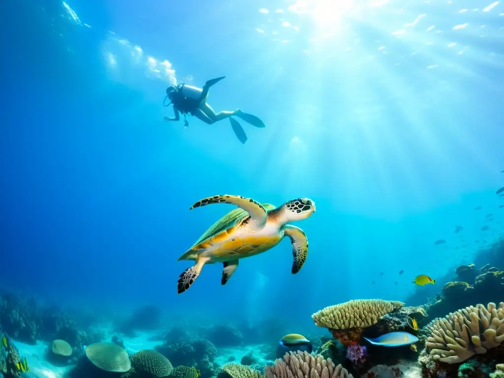 Vida marina vibrante en un arrecife de coral, con peces coloridos y una tortuga marina majestuosa