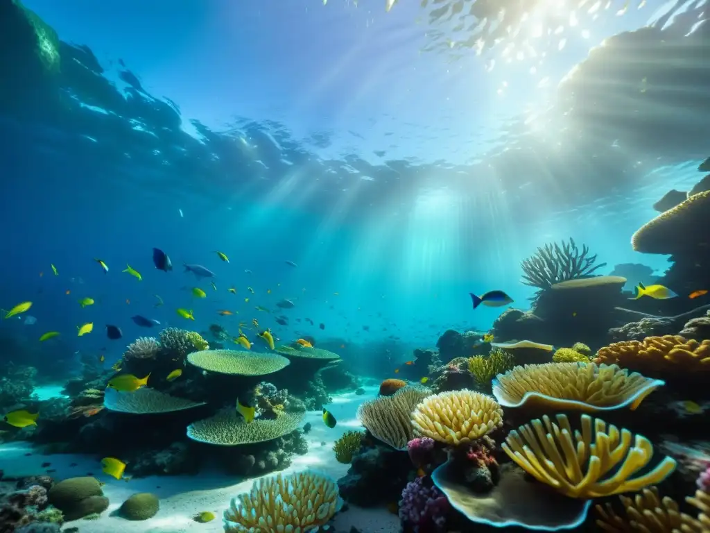 Videografía de fenómenos oceánicos: arrecife de coral vibrante con peces coloridos y plantas marinas, bañados por la luz del sol