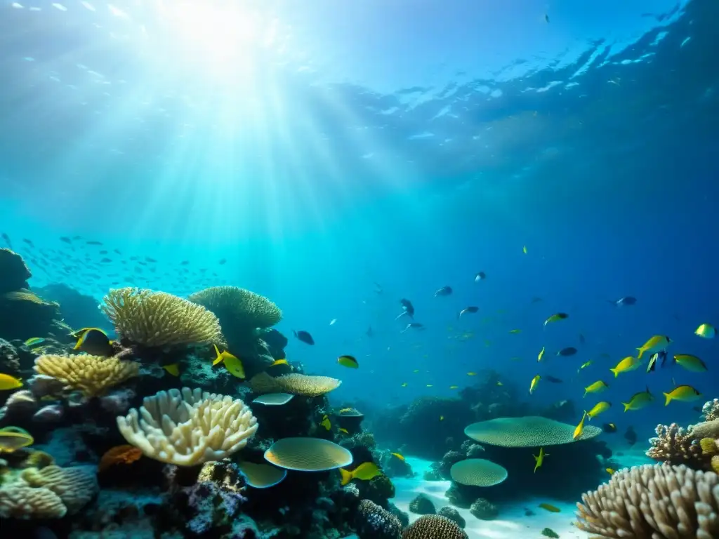 Videografía de fenómenos oceánicos: arrecife de coral vibrante, peces coloridos y plantas marinas, con luz solar filtrándose en el agua cristalina