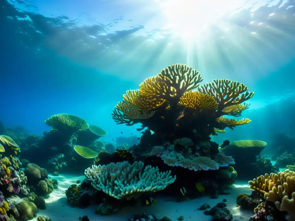 Vídeos submarinos con efectos de sombras: misterioso arrecife de coral iluminado por la luz solar, con peces tropicales y plantas marinas