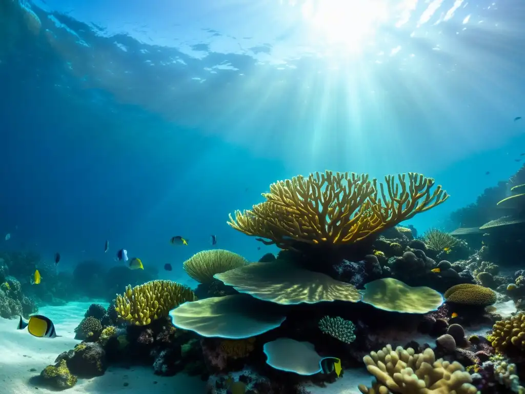 Vídeos submarinos con efectos de sombras: impresionante arrecife de coral bajo el agua, iluminado por rayos de sol filtrados