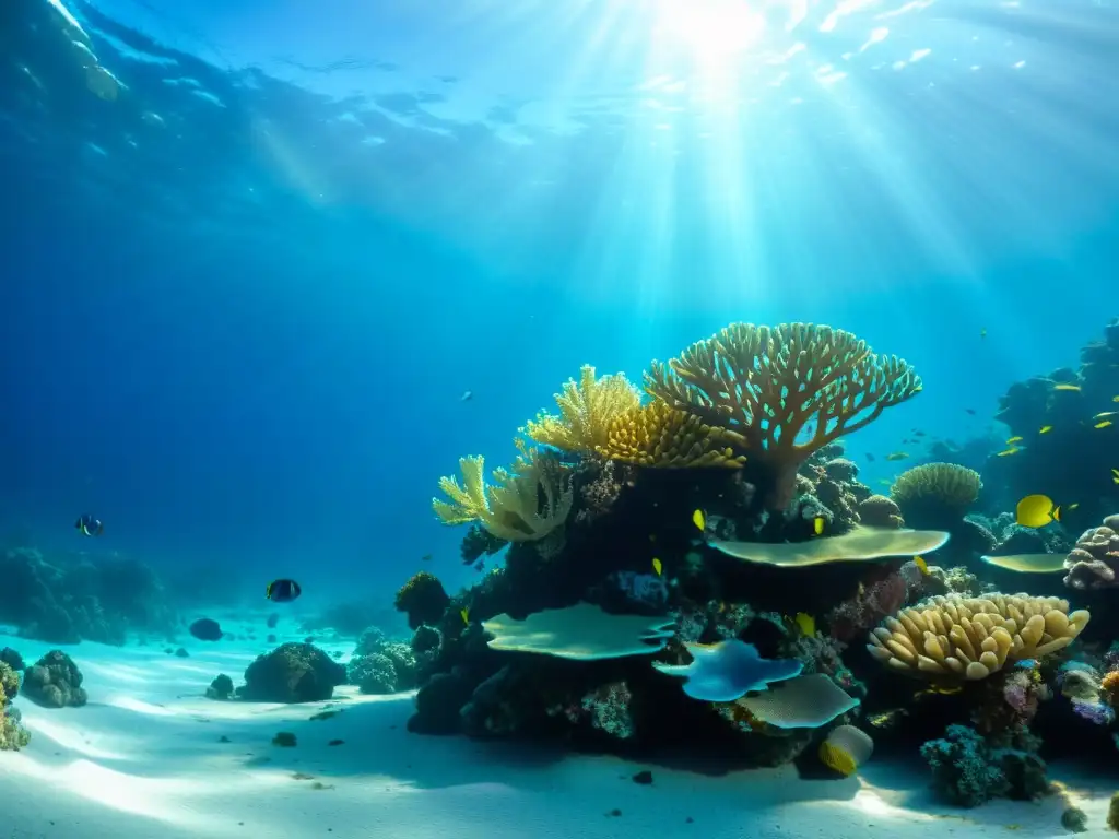 Vídeos submarinos con efectos de sombras: impresionante arrecife de coral bajo el agua, bañado por la luz del sol que crea patrones en el fondo marino