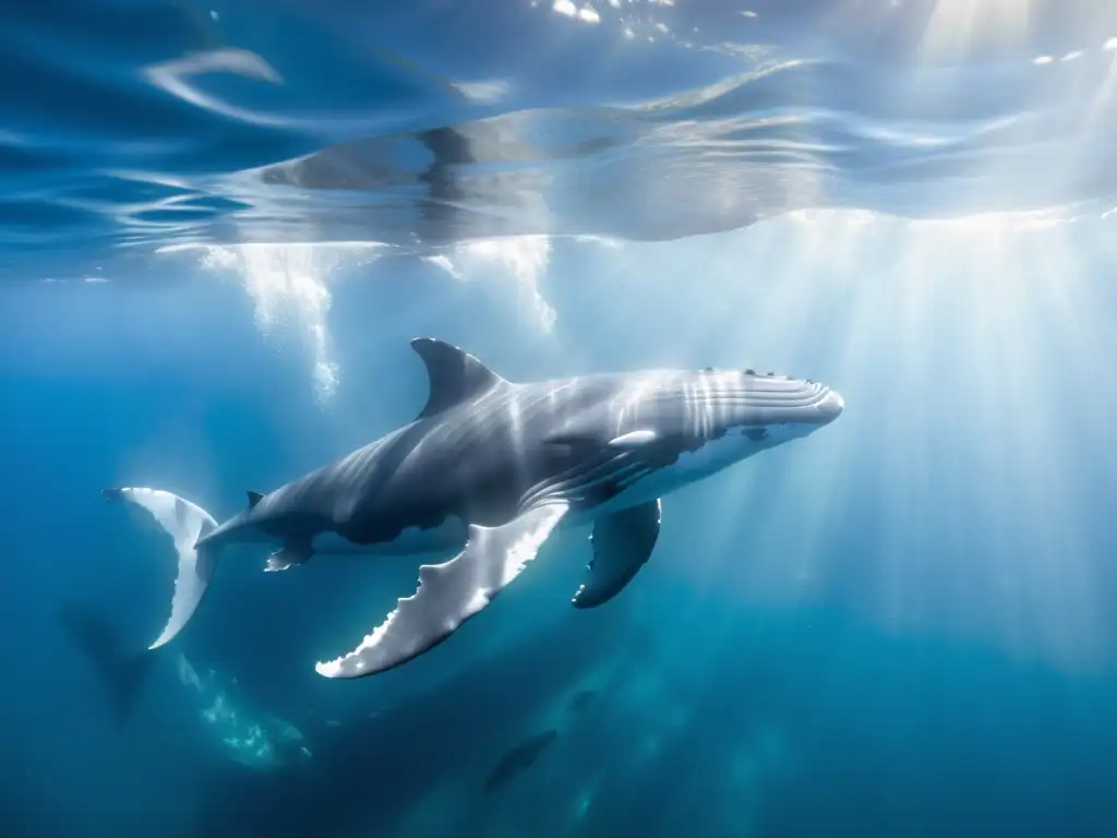 Vínculo entre cetáceos y cultura humana: Pod de ballenas nadando en aguas cristalinas, con detalles impresionantes y un ambiente marino vibrante