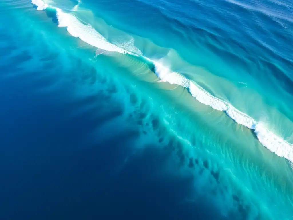 Vista aérea de corrientes de resaca marina sobrevivirlas cerca de la costa, con un océano azul profundo y dinámico