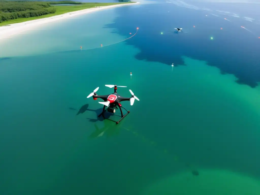 Vista aérea de drones y sensores de alta tecnología monitoreando algas nocivas en el agua