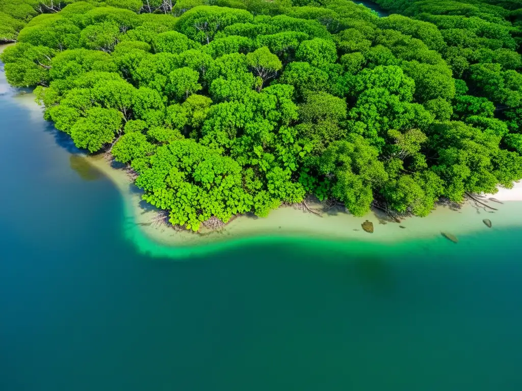 Vista aérea de exuberante manglar con raíces entrelazadas en el agua, follaje verde y luz solar filtrándose