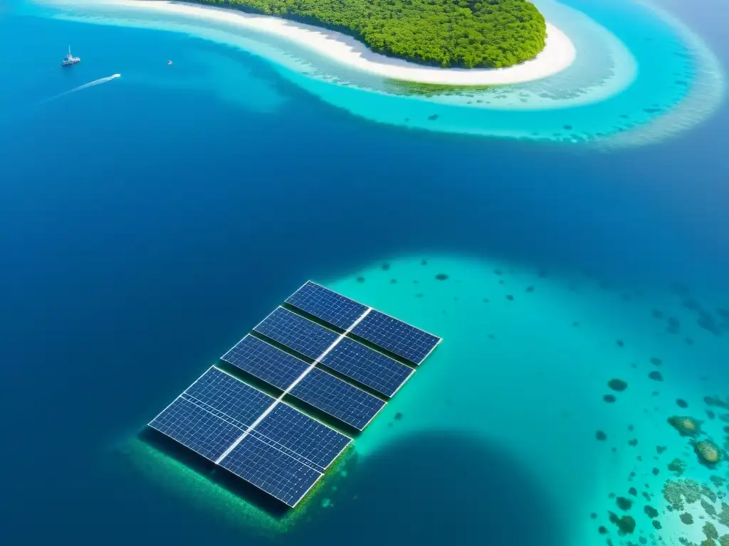 Vista aérea impactante: paneles solares flotantes integrados en ecosistemas costeros, reflejando armonía y sostenibilidad