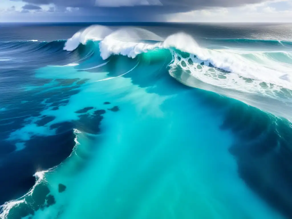 Vista aérea impactante del vasto océano en tonos azules y turquesa, con olas tumultuosas