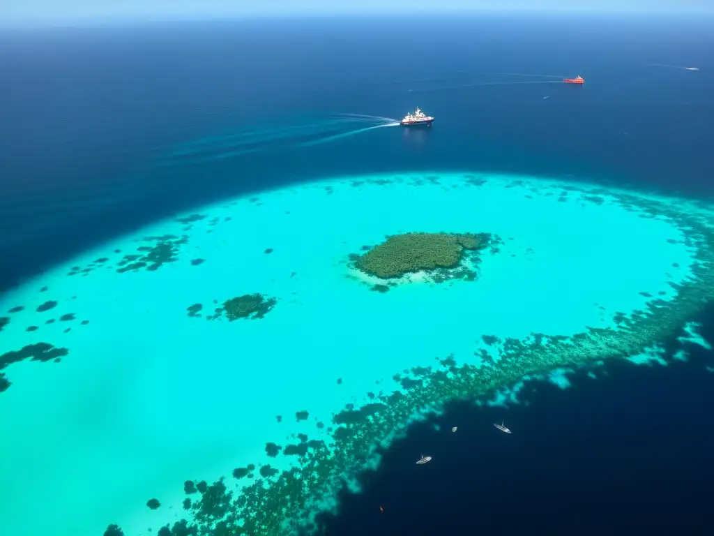 Vista aérea del impacto ambiental de la pesca ilegal en un arrecife de coral vibrante y peces coloridos en un océano cristalino