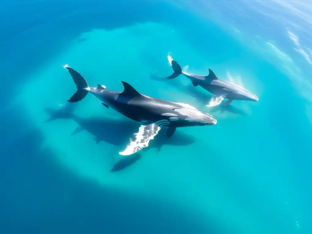 Vista aérea impresionante de ballenas jorobadas nadando en aguas turquesas, destacando la belleza del océano