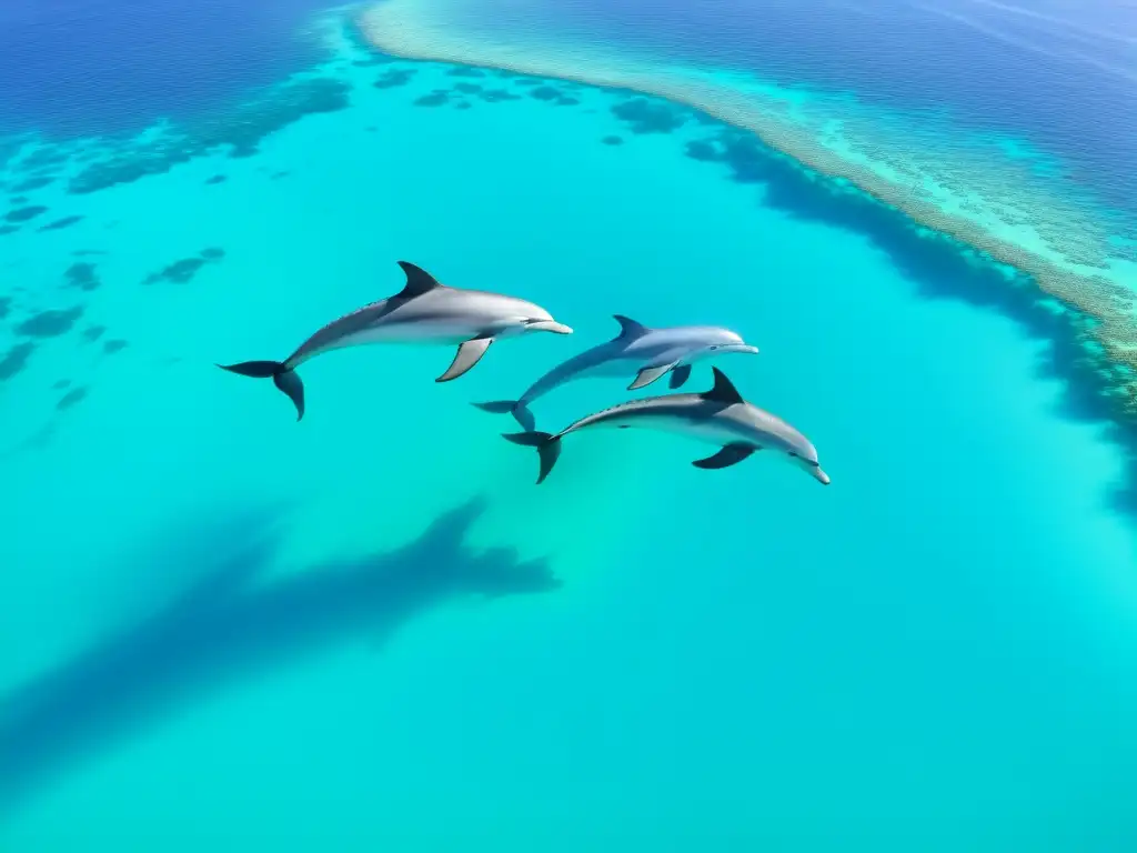 Vista aérea impresionante de océano cristalino, arrecifes de coral y diversa vida marina