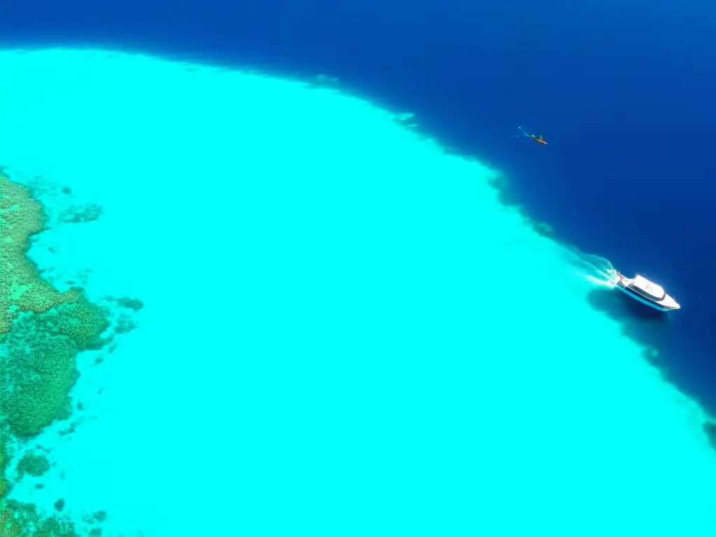 Vista aérea impresionante del océano, con arrecifes de coral, peces coloridos y barcos