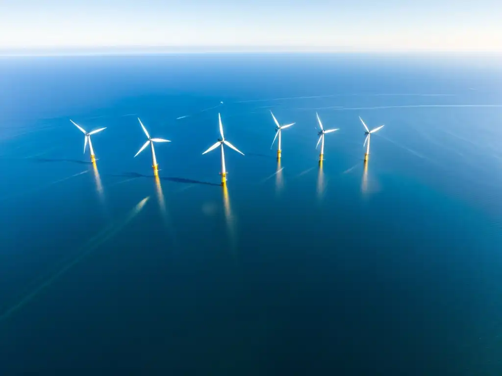 Vista aérea impresionante de un vasto océano con molinos de viento marinos, reflejando el impacto ambiental de la energía eólica marina