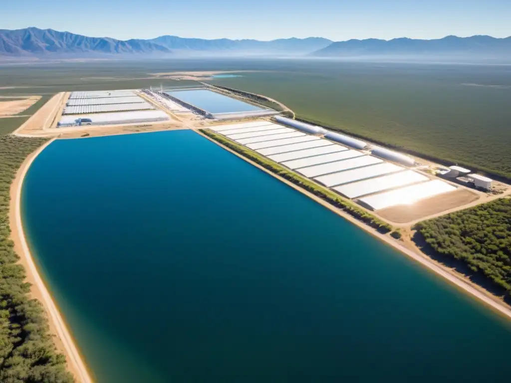 Vista aérea del Proyecto Agua Clara contra Eutrofización, con instalaciones de tratamiento de agua y un lago rejuvenado brillando bajo el sol