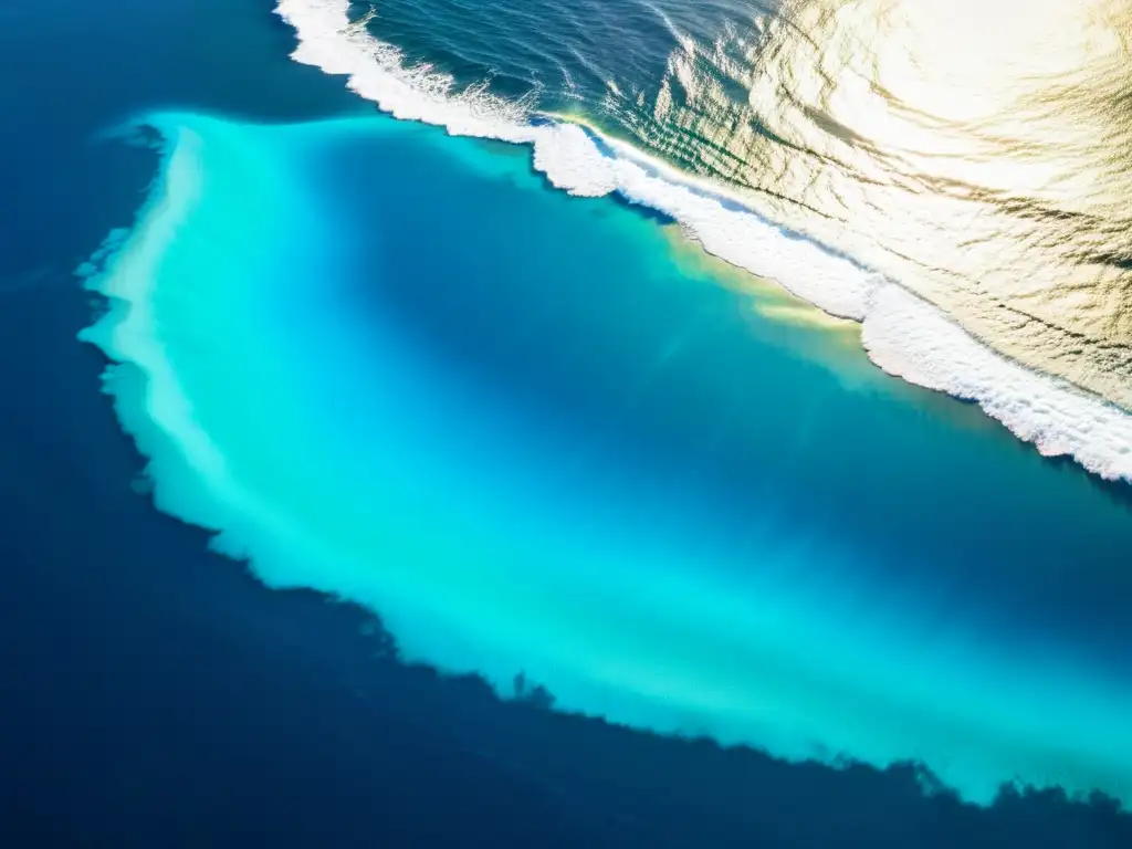 Vista aérea del vasto océano azul con brillos de sol en la superficie, representando la naturaleza dinámica del ambiente marino