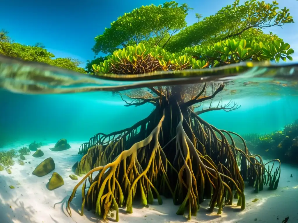 Vista asombrosa del intrincado entrelazado de raíces de un manglar, rodeado de arrecifes de coral vibrantes llenos de vida marina colorida