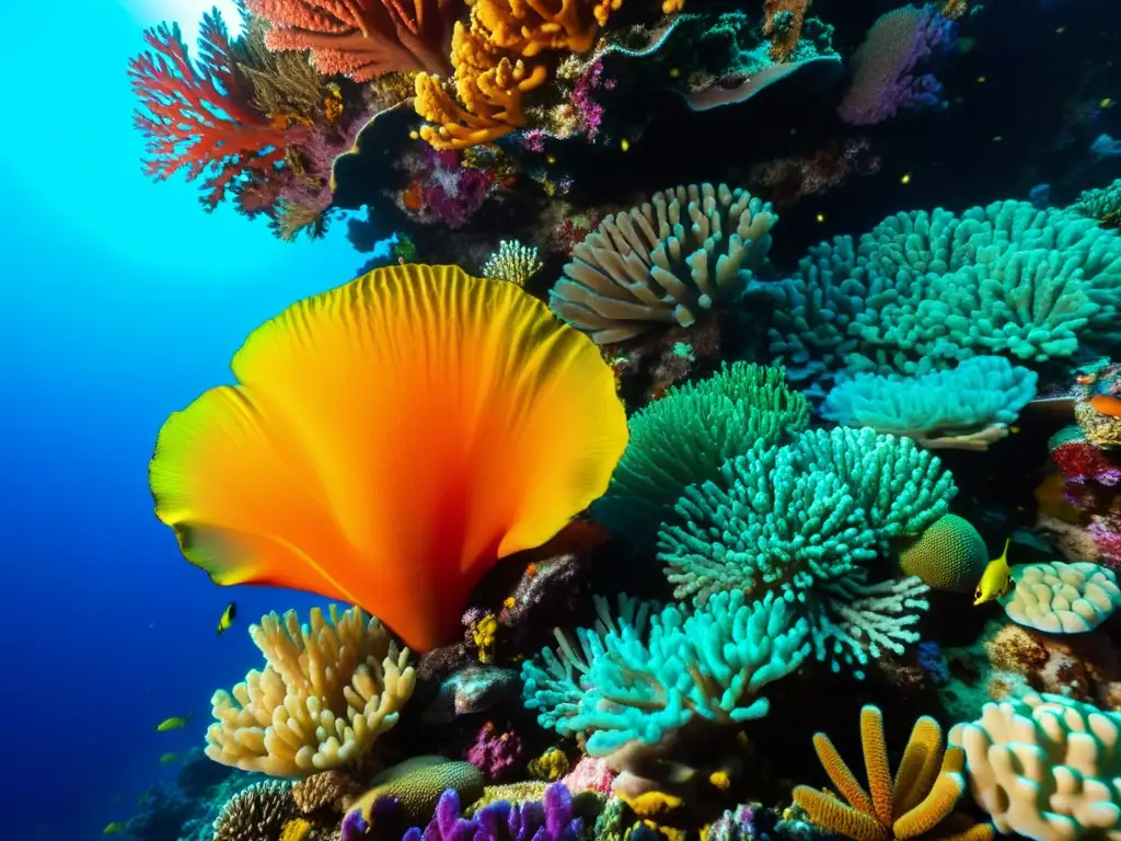 Vista detallada de arrecife de coral vibrante, con diversa vida marina