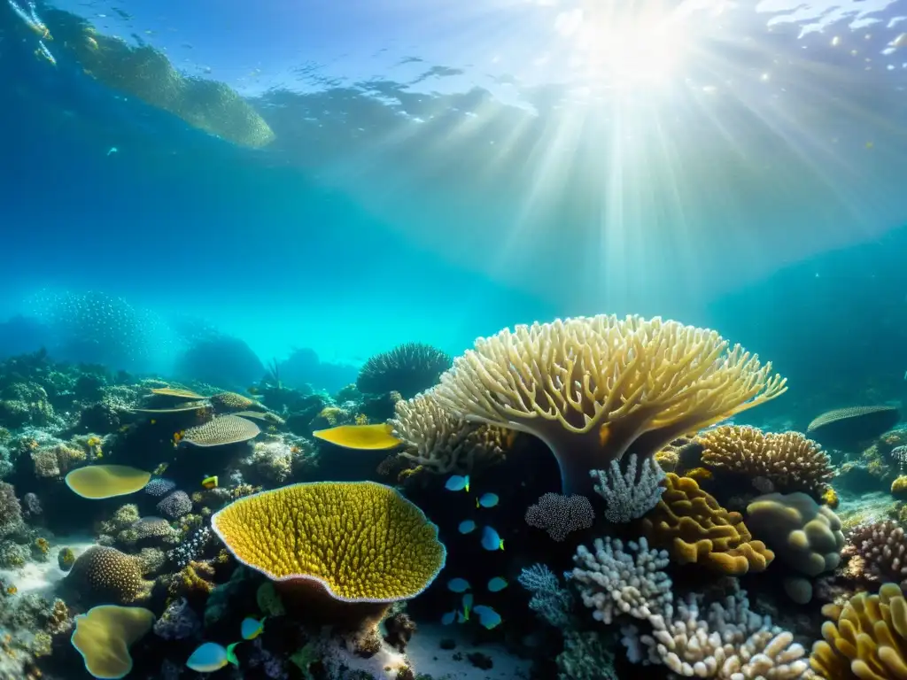 Vista detallada de un arrecife de coral vibrante con vida marina, patrones intrincados y texturas, mostrando la contaminación invisible en los mares