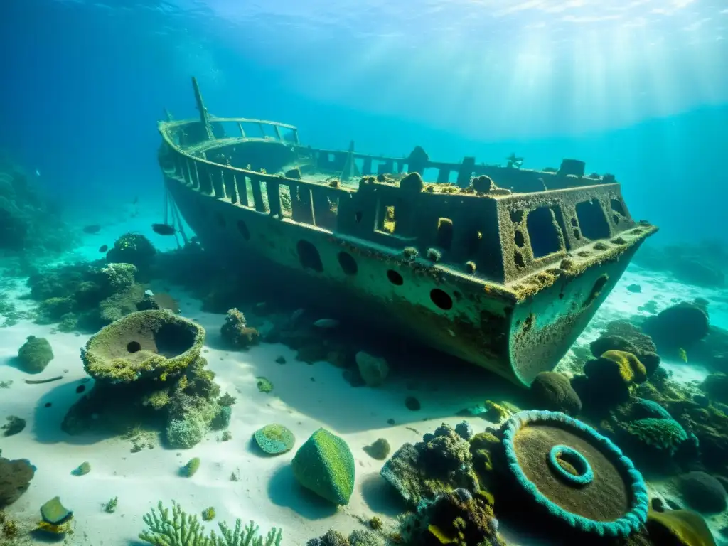 Vista detallada del naufragio de la Edad de Bronce, revelando antiguos artefactos de bronce, cerámica y otros productos comerciales en el fondo marino