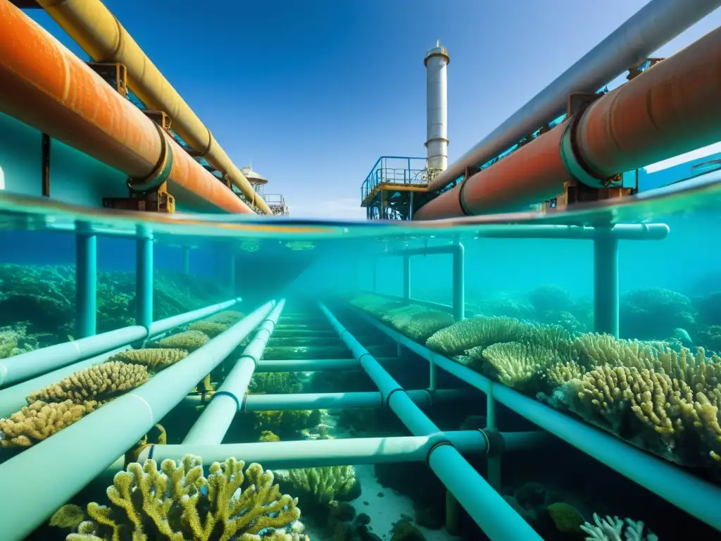 Vista detallada de planta de desalinización sostenible rodeada de vida marina y estructuras industriales, en armonía con la naturaleza