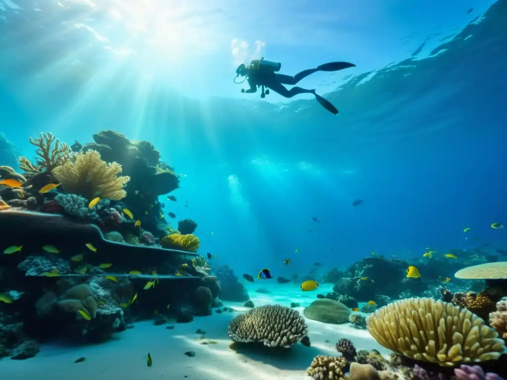 Vista detallada de un vibrante paisaje submarino con vida marina diversa y formaciones de coral coloridas