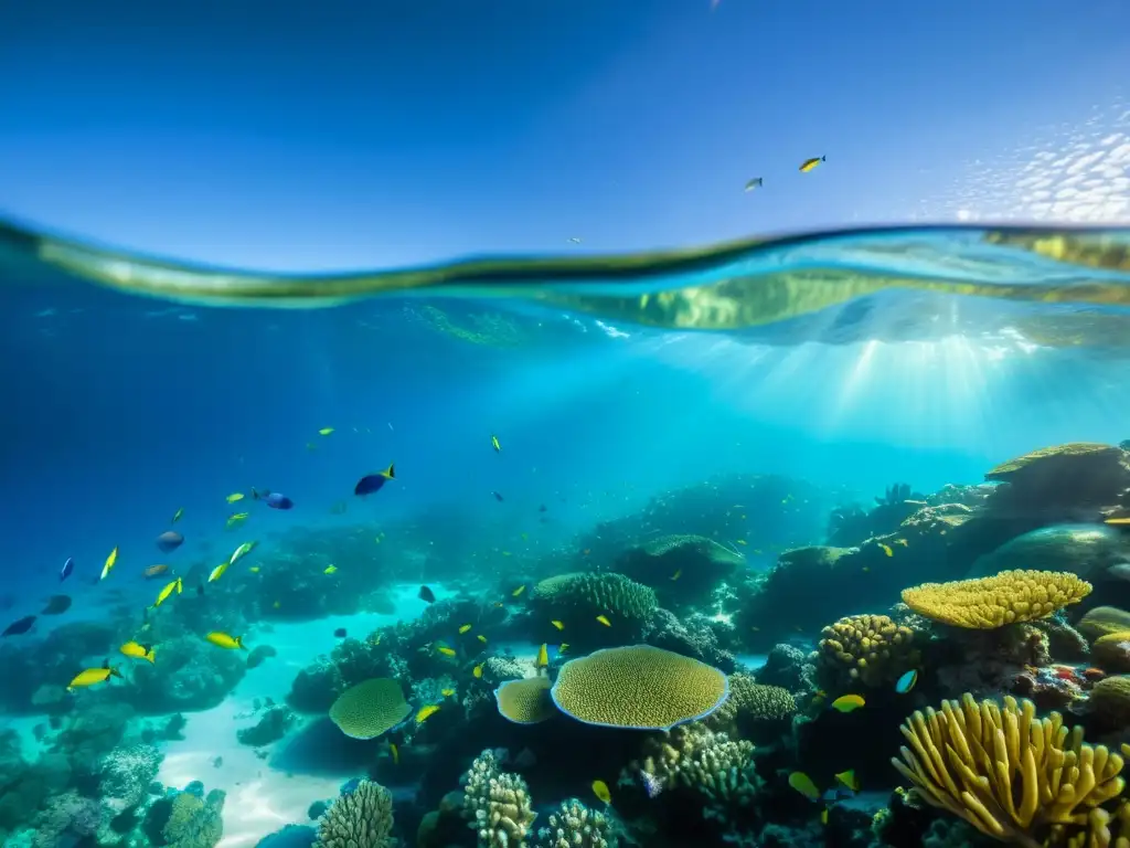 Vista impresionante de un arrecife de coral vibrante con peces coloridos y vida marina, destacando la importancia de la economía circular vida marina