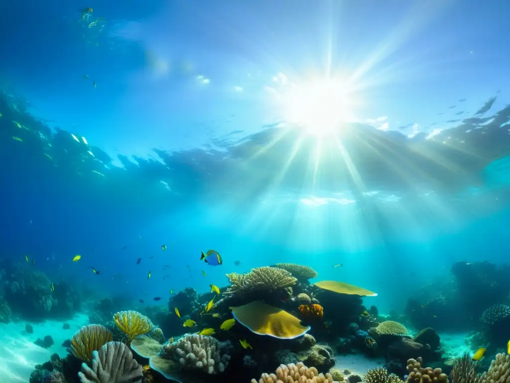 Vista impresionante de un arrecife de coral vibrante, con peces y vida marina, mostrando la necesidad de políticas efectivas ante la subida del mar