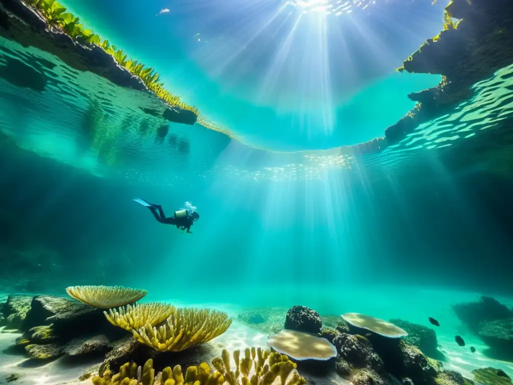 Vista impresionante de un cenote, con agua turquesa cristalina rodeada de formaciones rocosas