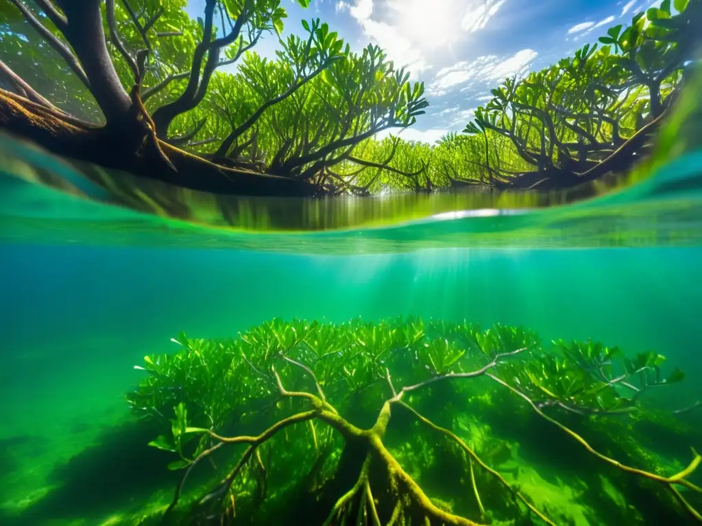 Vista impresionante del frondoso bosque de manglares bajo el agua, mostrando la importancia de los manglares en conservación marina