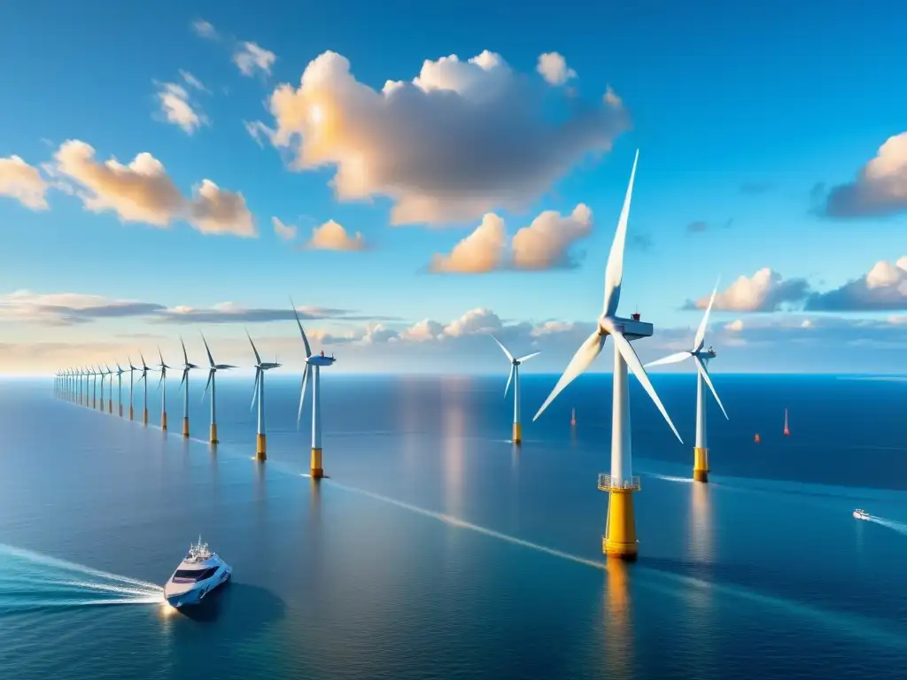 Vista impresionante de un futurista parque eólico marino, rodeado de aguas cristalinas y un cielo con nubes blancas