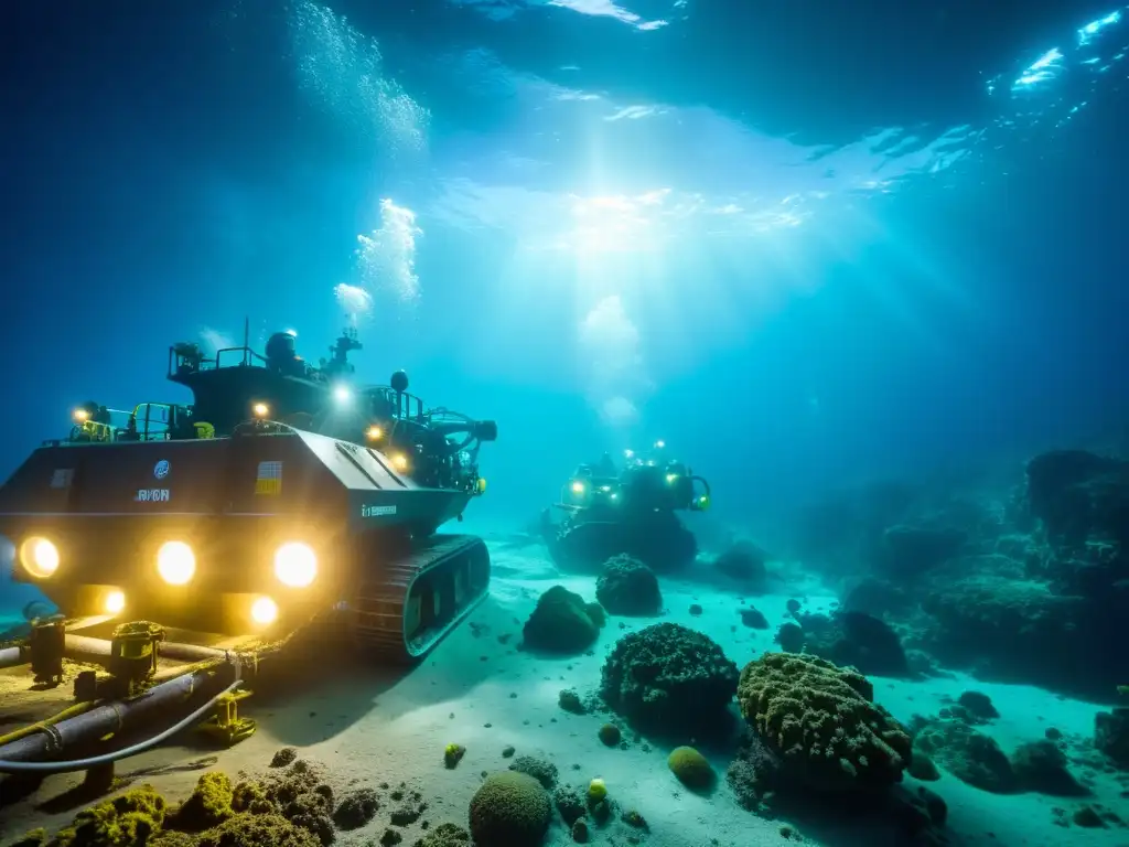 Vista impresionante de la minería submarina, con maquinaria a gran escala en las profundidades del océano