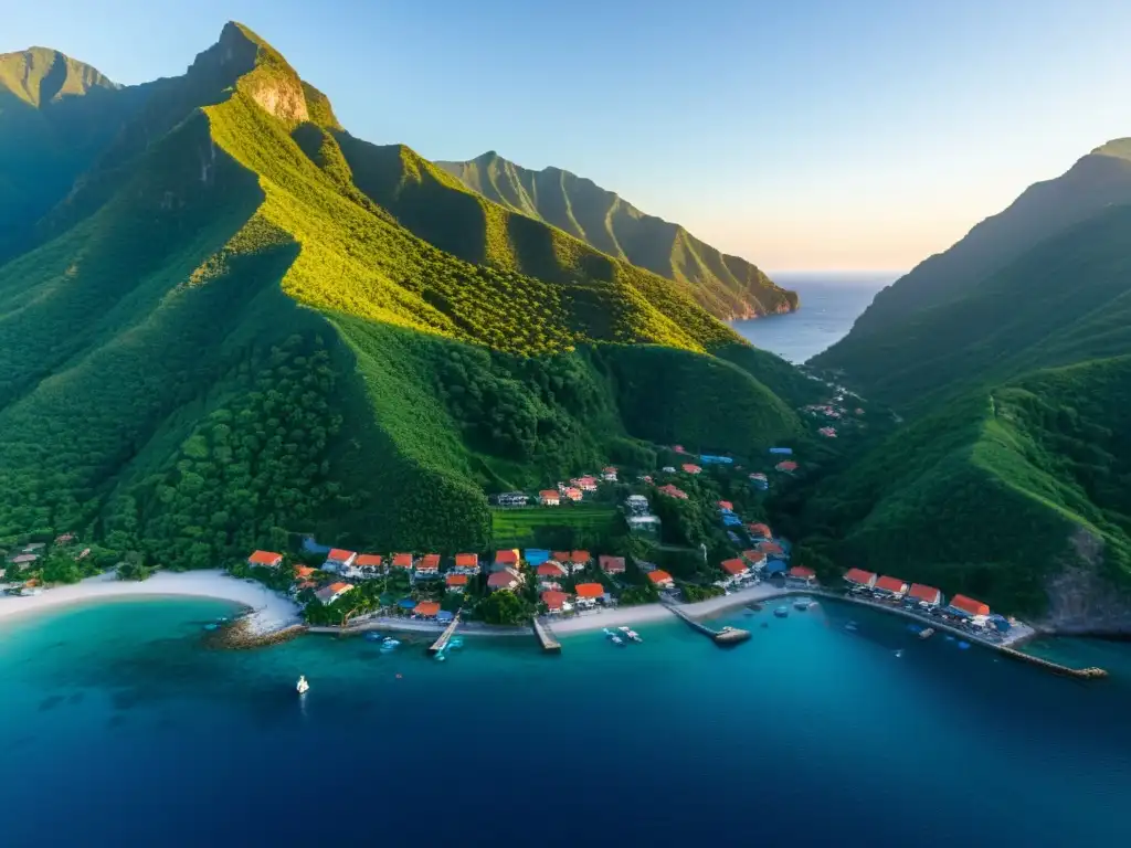 Vista serena de un pueblo costero rodeado de montañas verdes, con un atardecer de colores vibrantes reflejados en el mar tranquilo