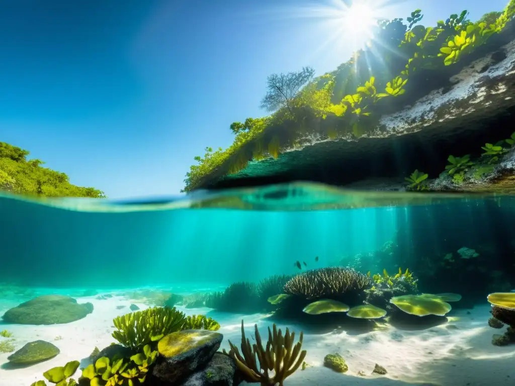 Vista subacuática de un cenote con procesos químicos y físicos, agua turquesa cristalina, formaciones rocosas y vida acuática colorida