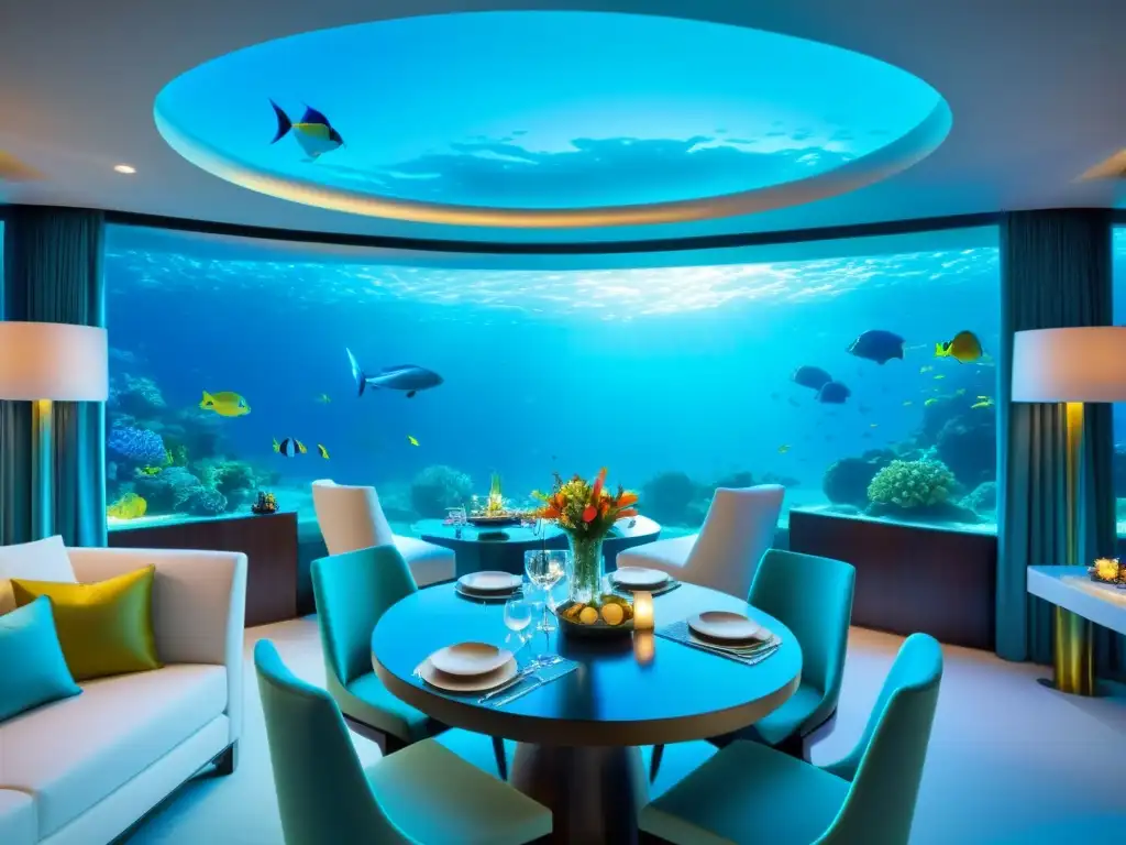 Vista subacuática de pareja cenando en suite de lujo con peces de colores - Suites subacuáticas de lujo