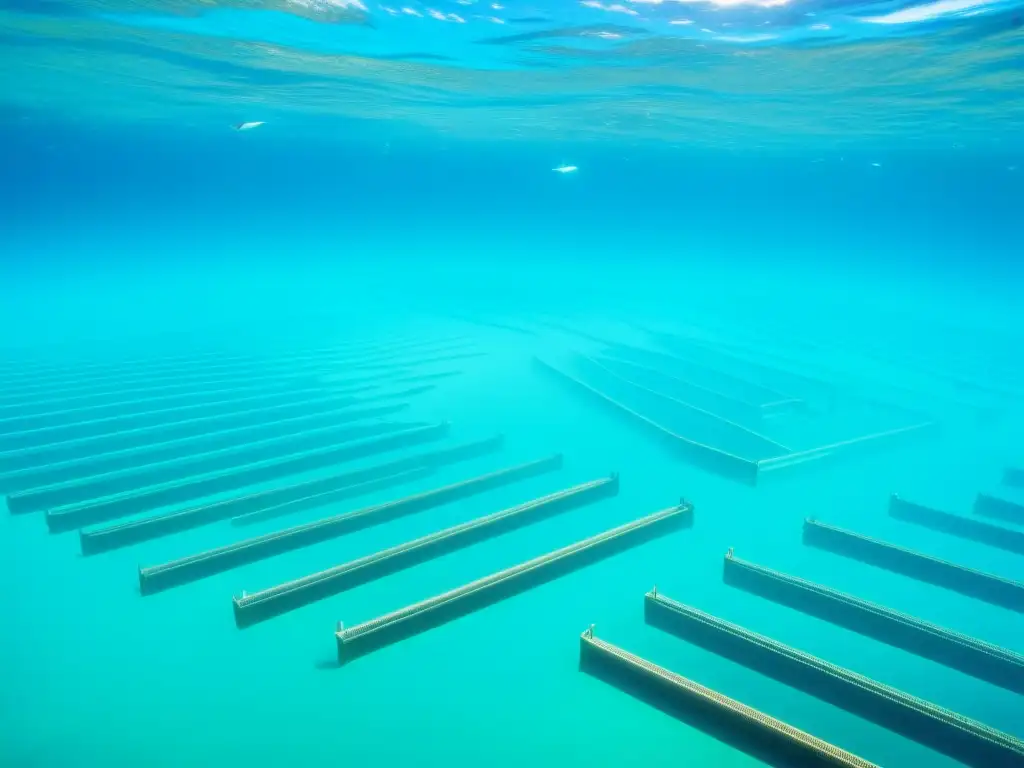 Una vista submarina de acuicultura responsable con cría selectiva de peces nadando entre redes y arrecifes de coral, en aguas turquesas