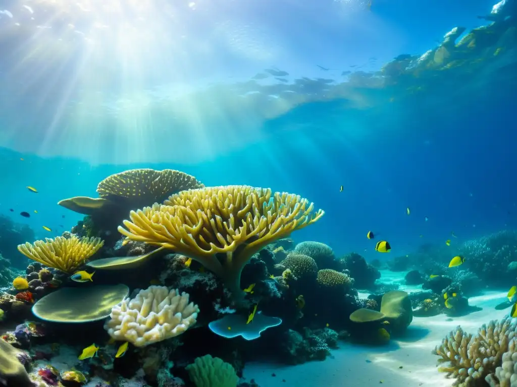 Vista submarina de un arrecife de coral vibrante y vida marina, con tubos respiradores para esnórquel avanzados integrados en el entorno natural