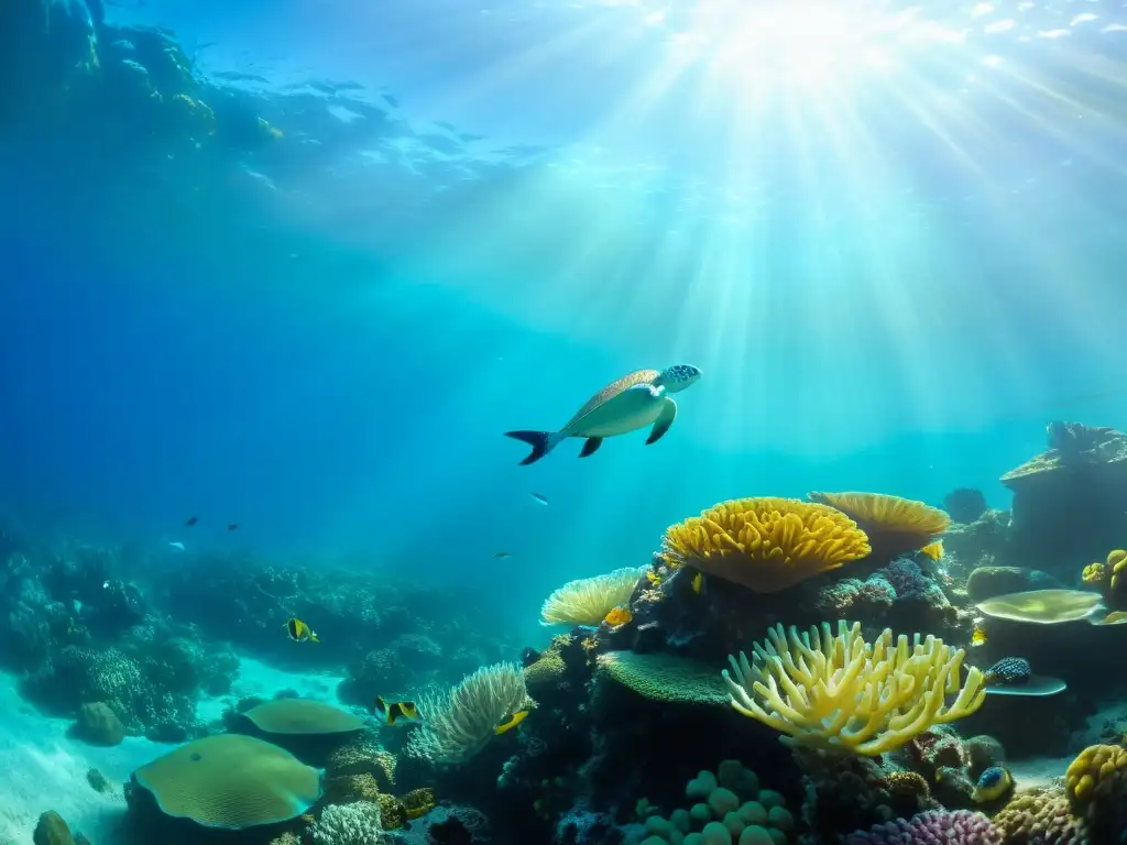 Vista submarina de un arrecife de coral exuberante, con vida marina vibrante y exótica