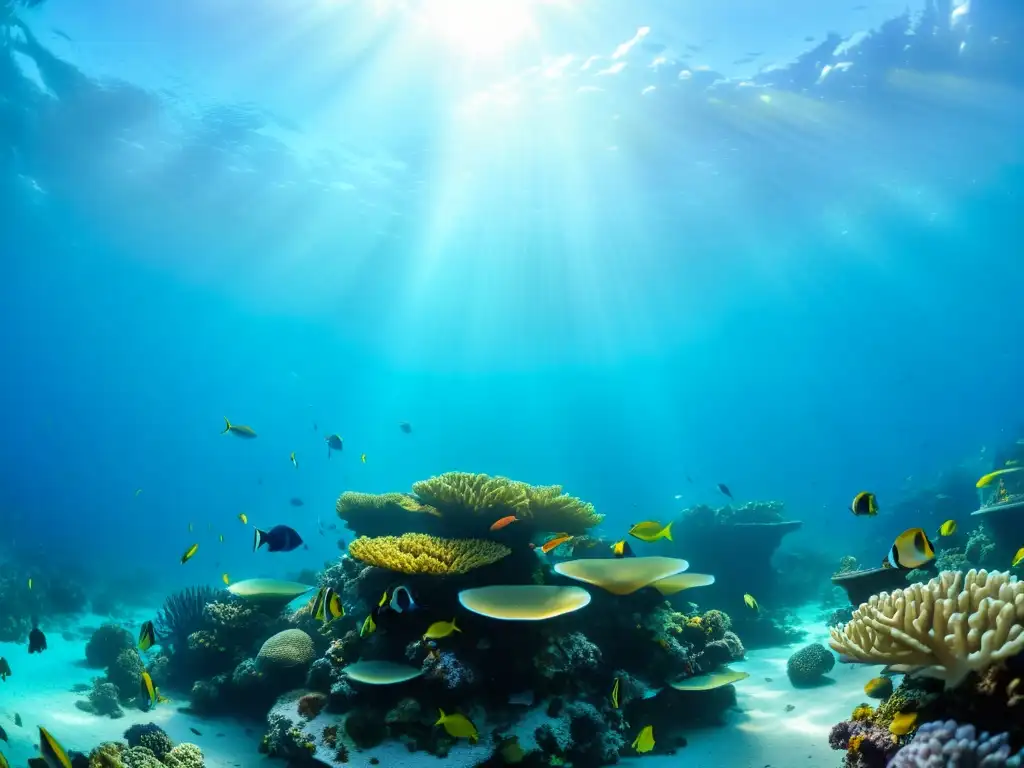 Vista submarina de un arrecife de coral vibrante en un restaurante de mariscos de alta gama que promueve la sostenibilidad marina