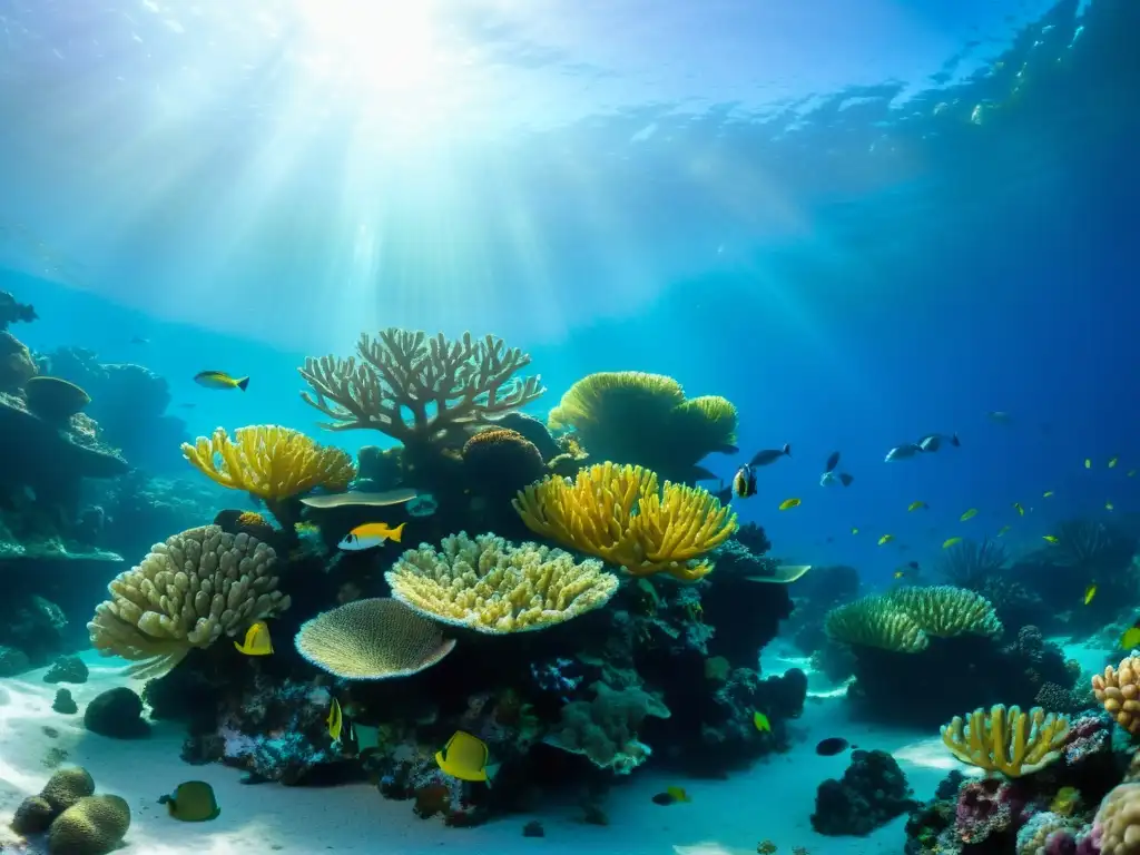 Vista submarina de un arrecife de coral vibrante con peces coloridos y una hermosa iluminación natural