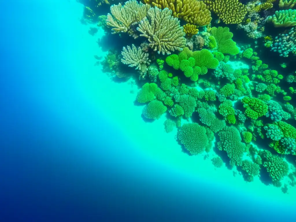 Vista submarina de un arrecife de coral vibrante con fitoplancton, destacando los beneficios de la crema facial