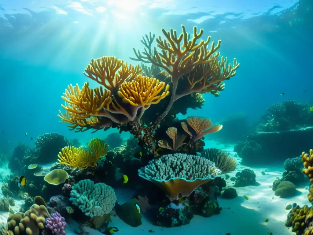 Vista submarina de un colorido arrecife de coral con cangrejos y langostas marinas en su hábitat natural, bajo la luz del sol