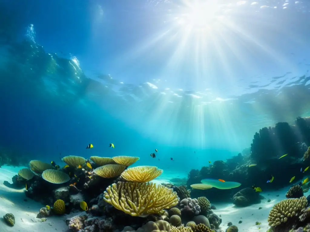 Vista submarina de costa con coral vibrante, peces y suelo marino, mostrando la inestabilidad costas cambio climático