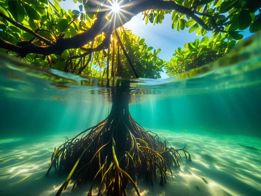 Vista submarina de un denso manglar iluminado por el sol, con vida marina vibrante