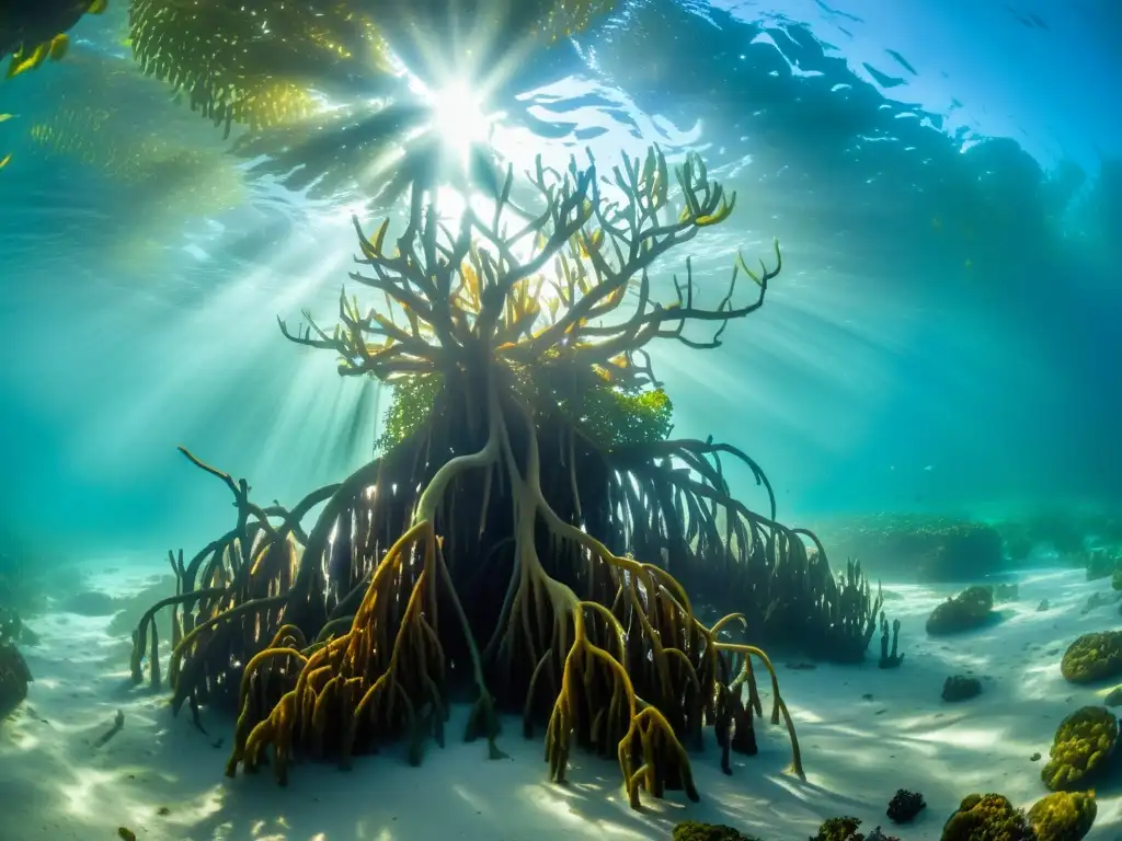 Vista submarina de manglar con diversa vida marina y el rol de los manglares en cambio climático