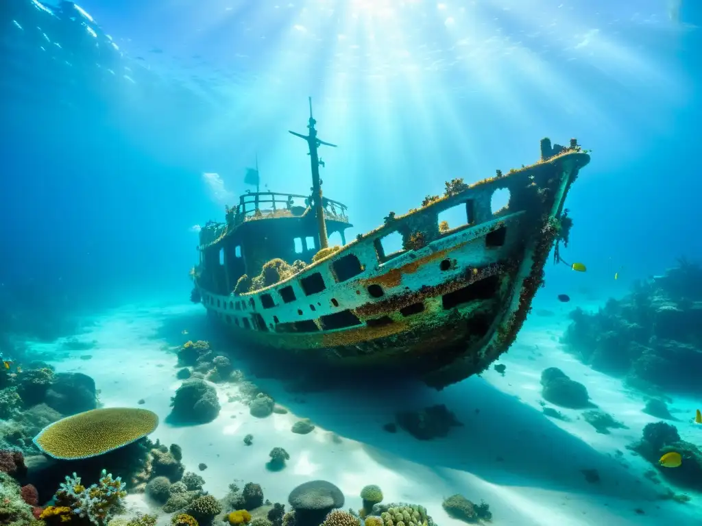 Una vista submarina de un naufragio cubierto de coral y vida marina, con impacto turístico en exhibiciones subacuáticas