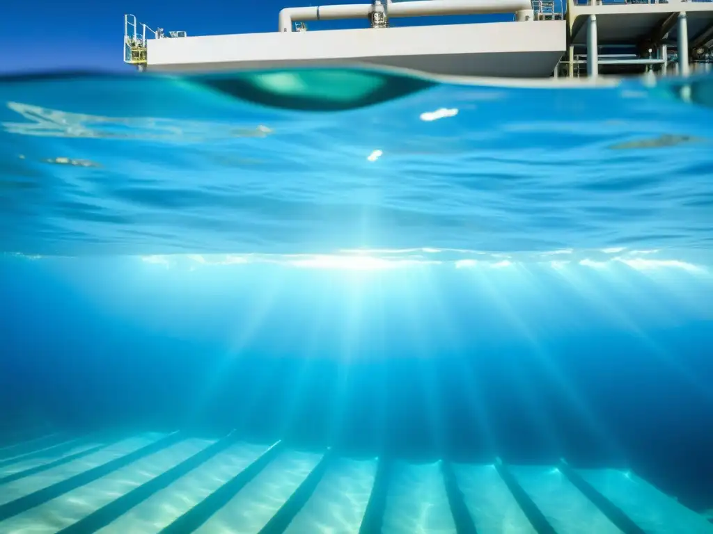 Vista submarina de planta de desalinización, con agua clara y equipo tecnológico, mostrando la solución a la escasez de agua