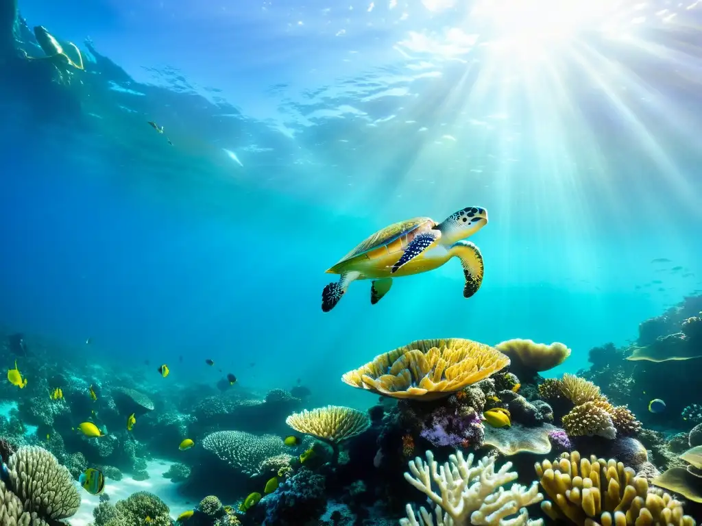 Vitalidad y energía: un arrecife de coral vibrante con flora y fauna marina detallada, iluminado por el sol