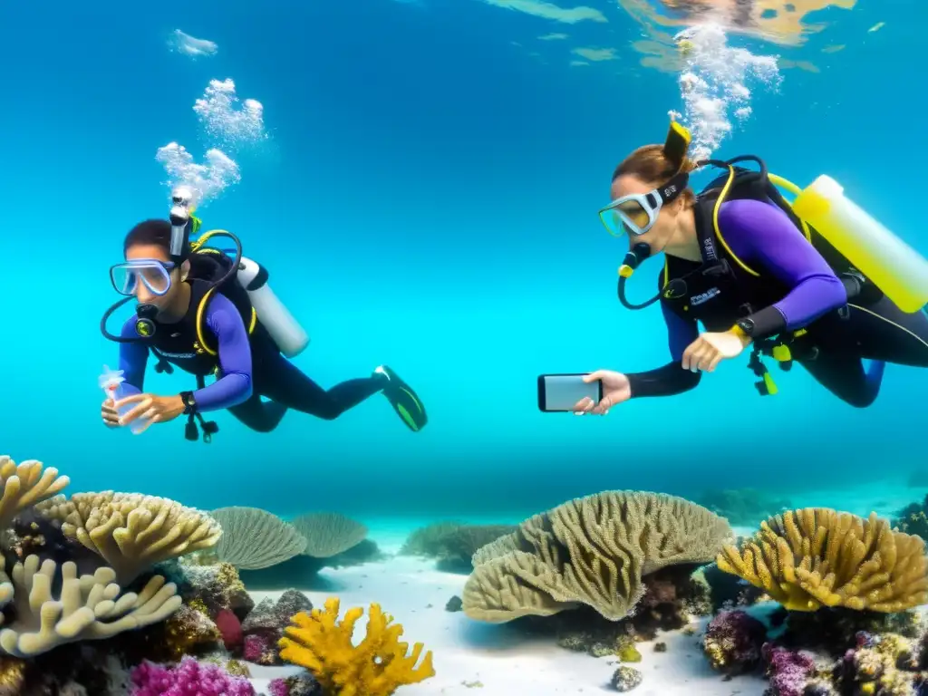 Voluntarios evaluando la salud de los mares, realizando pruebas de calidad del agua en un océano cristalino, rodeados de vibrante vida marina y coloridos arrecifes de coral