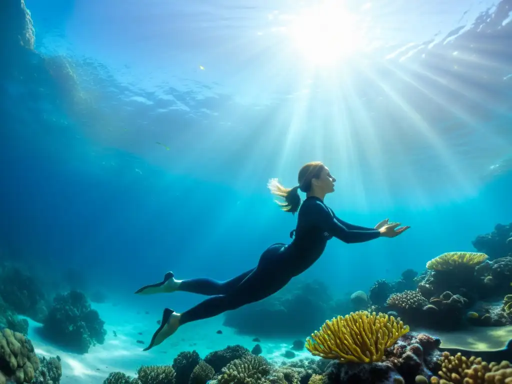 Diver practicando yoga en el fondo del mar entre corales coloridos, creando una atmósfera de paz y meditación