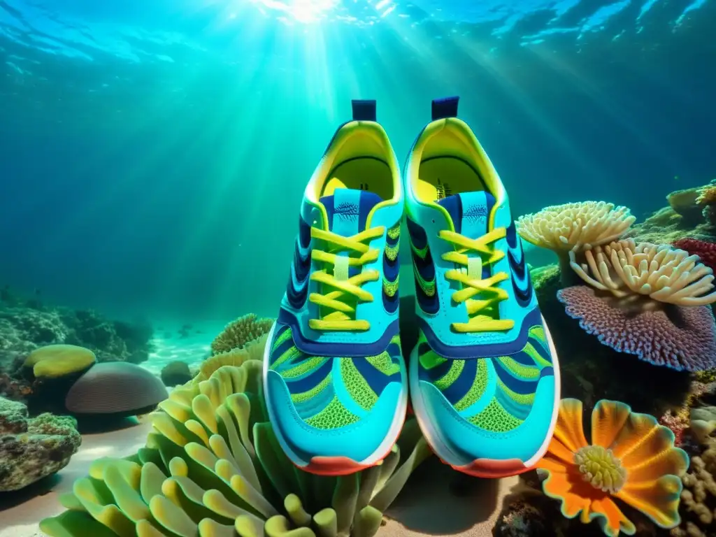 Zapatillas vibrantes en tonos azul y verde con diseño de olas marinas rodeadas de coral y anémonas